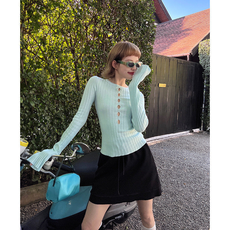 Dopamine Hollow Design Sense Wool Knitted Bottom Shirt Early Autumn Spice Girl Slim Sweater
