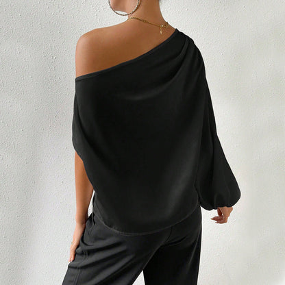 Off-Shoulder Long Sleeve Top Women Loose Fit Diagonal Collar Shirt