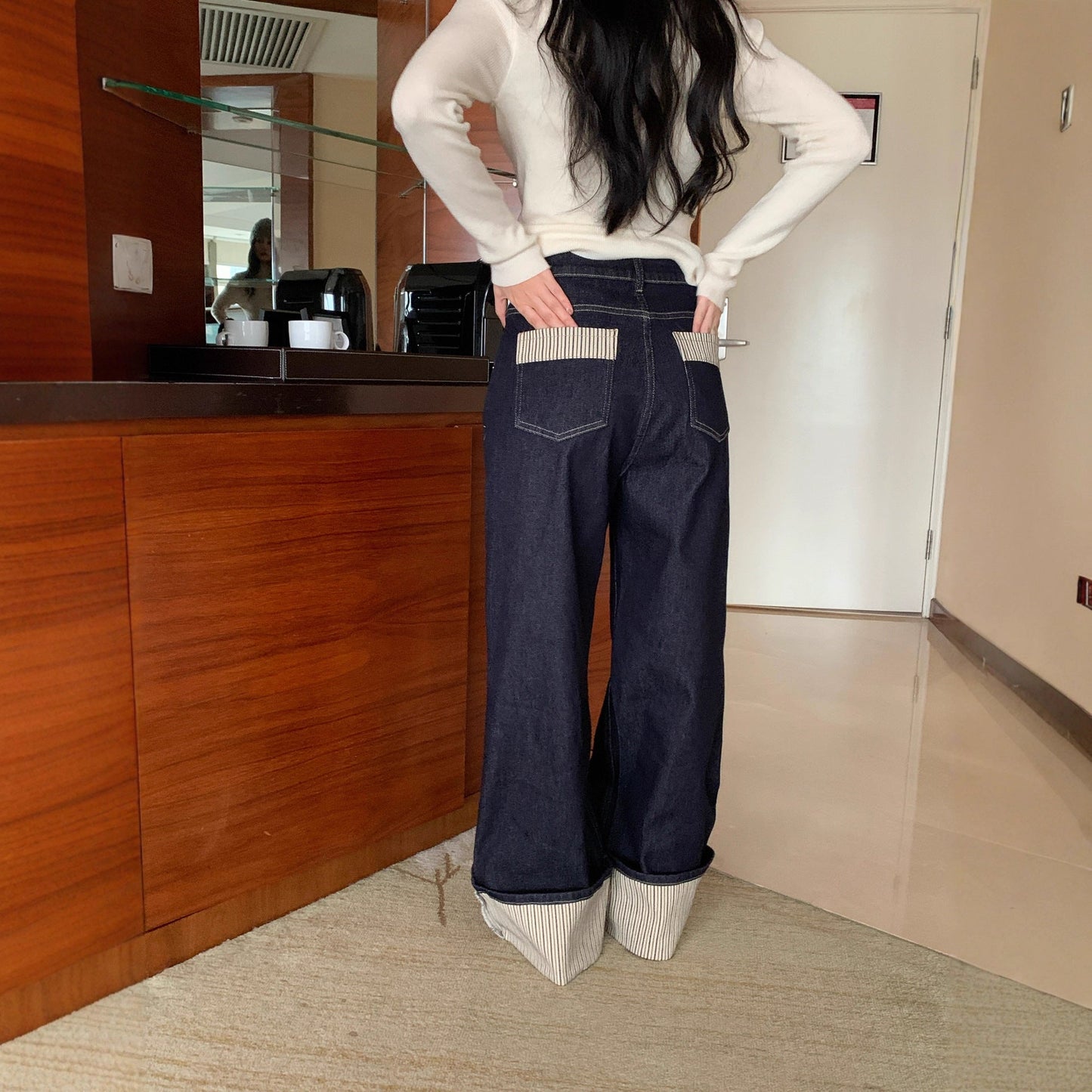 Foreign-style striped flanged mid-waist straight jeans