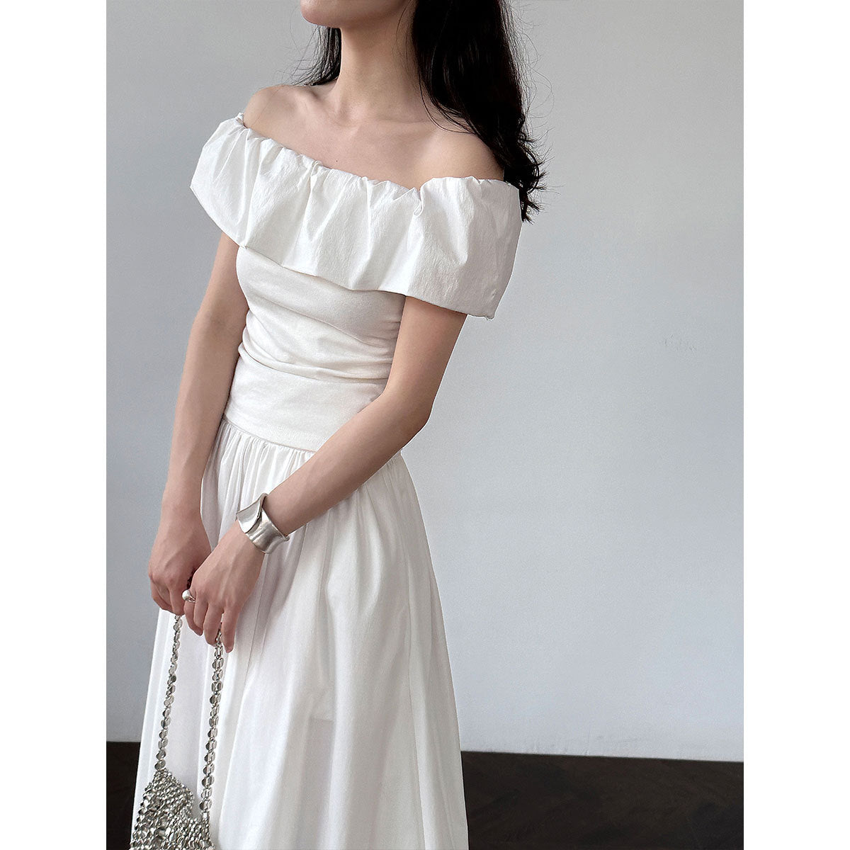 Fresh and sweet temperament ruffle leaf edge shoulder short-sleeved t-shirt women's summer new off-the-shoulder thin top