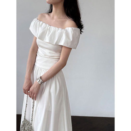 Fresh and sweet temperament ruffle leaf edge shoulder short-sleeved t-shirt women's summer new off-the-shoulder thin top