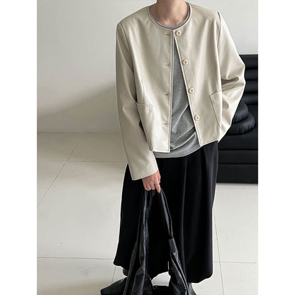 Crew neck Korean single-breasted short leather jacket for women