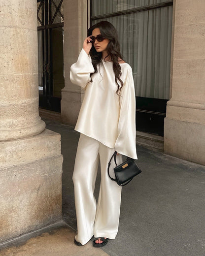 New Fashion Casual Crew Neck Satin Long Sleeve Two-piece Shirt Straight Pants Suit Women
