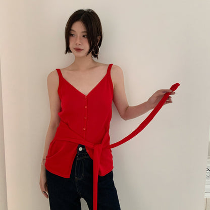 French Lazy Temperament V-Neck Lyocell Waist Strap Sling