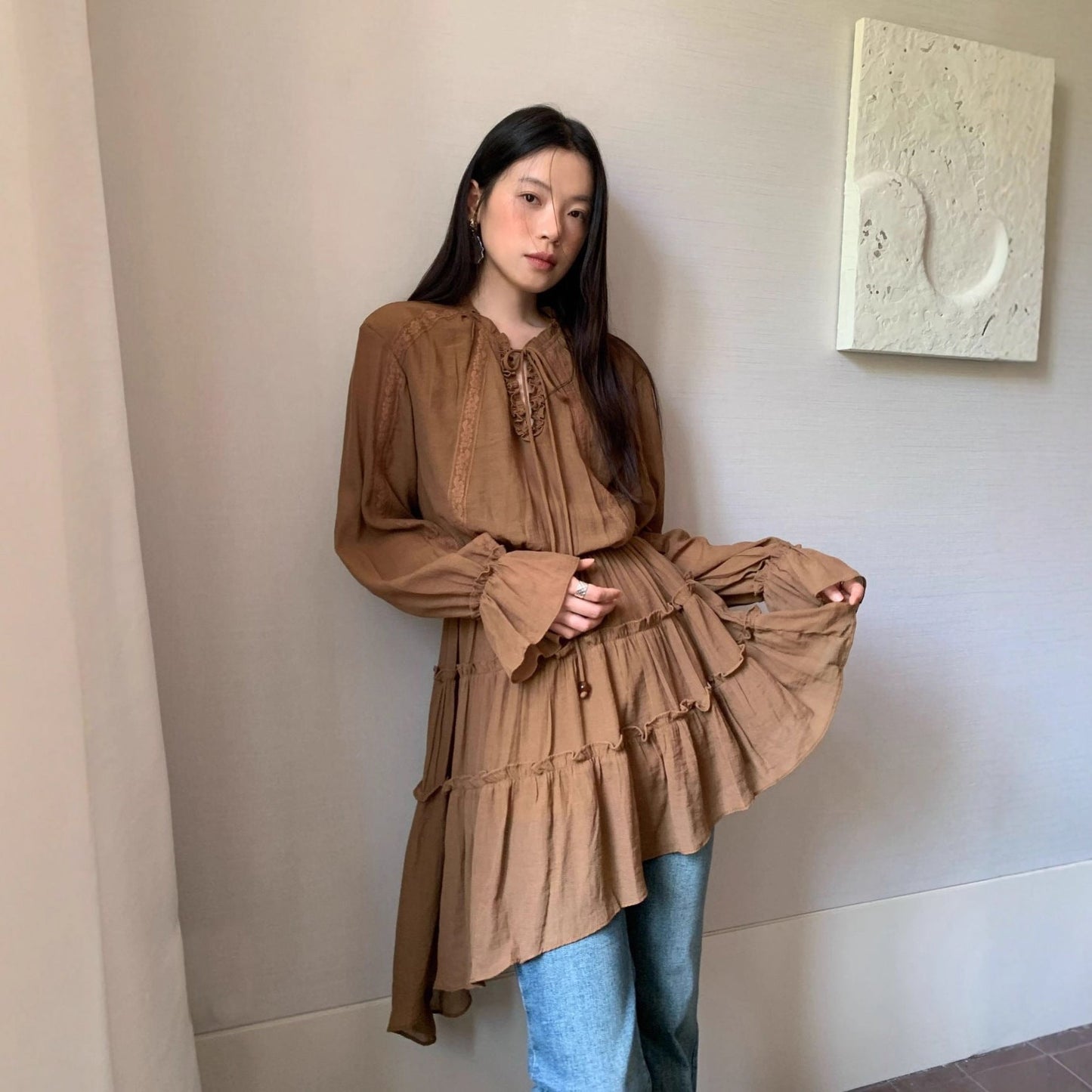 Autumn French age-reducing temperament irregular beveled hem shirt dress
