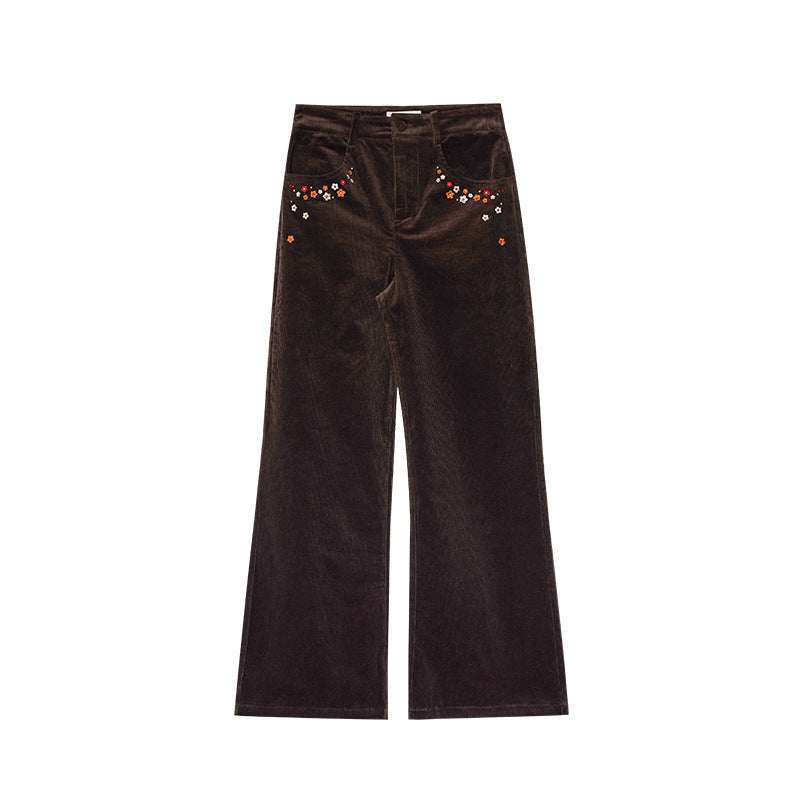Embroidered Corduroy Flare Pants – Retro High Waist Women's Trousers