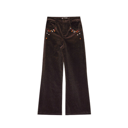 Embroidered Corduroy Flare Pants – Retro High Waist Women's Trousers