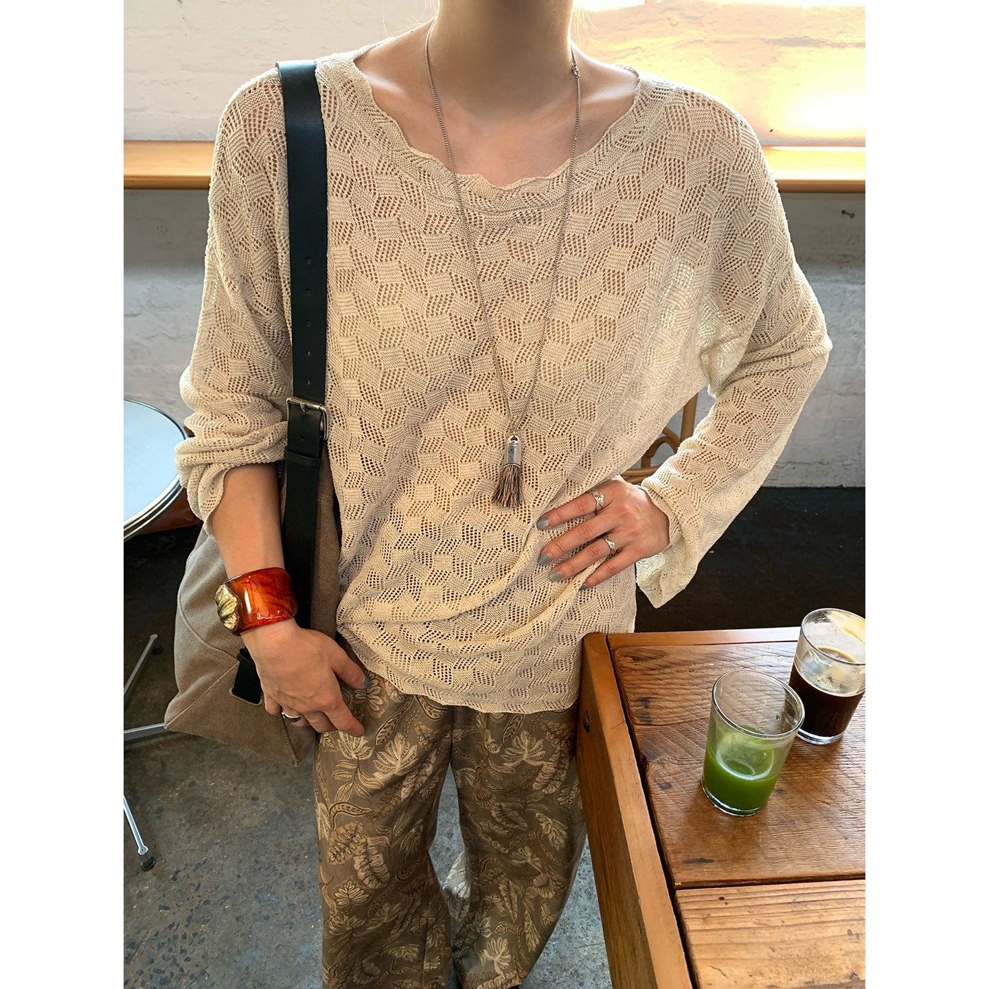 Spring Korean Tencel hemp shoulder-down knitted sweater loose temperament versatile hollow