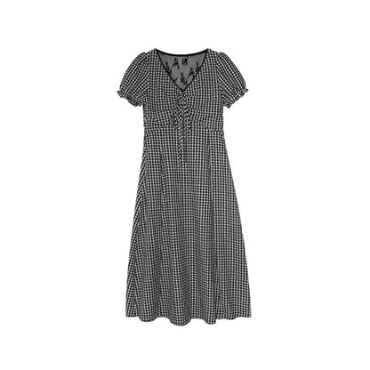 Gentle plaid v-neck high-waisted slim dress
