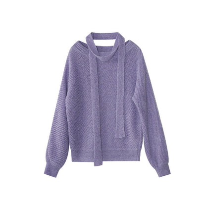 Lazy loose merino wool soft waxy diagonal neck off-the-shoulder sweater women