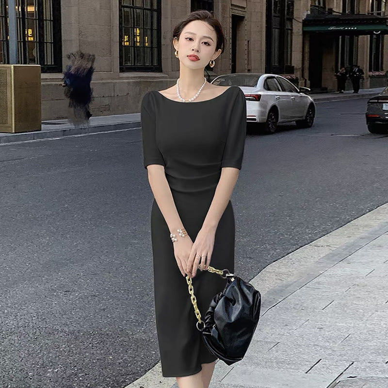 One-Shoulder Dress Women High Waist Slim Fit Pleated Bodycon Midi