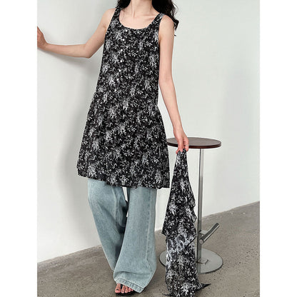 Korean simple floral temperament sundress summer new style with strap waist sleeveless dress