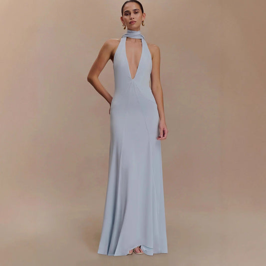 Fashion deep V streamer neck hip skirt waist pleated backless sexy dress