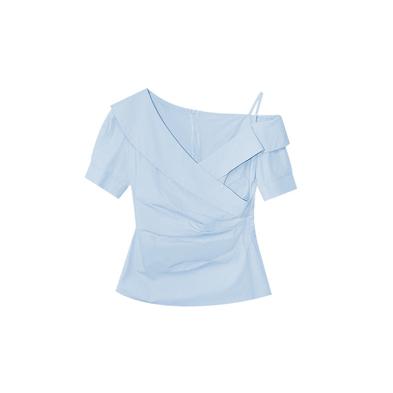 Gentle temperament design diagonal shoulder collar waist shirt