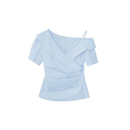 Gentle temperament design diagonal shoulder collar waist shirt