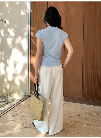 Spring and summer minimalist and versatile muscle-building V-neck slim-fitting and thin small flying-sleeved knitted sweater