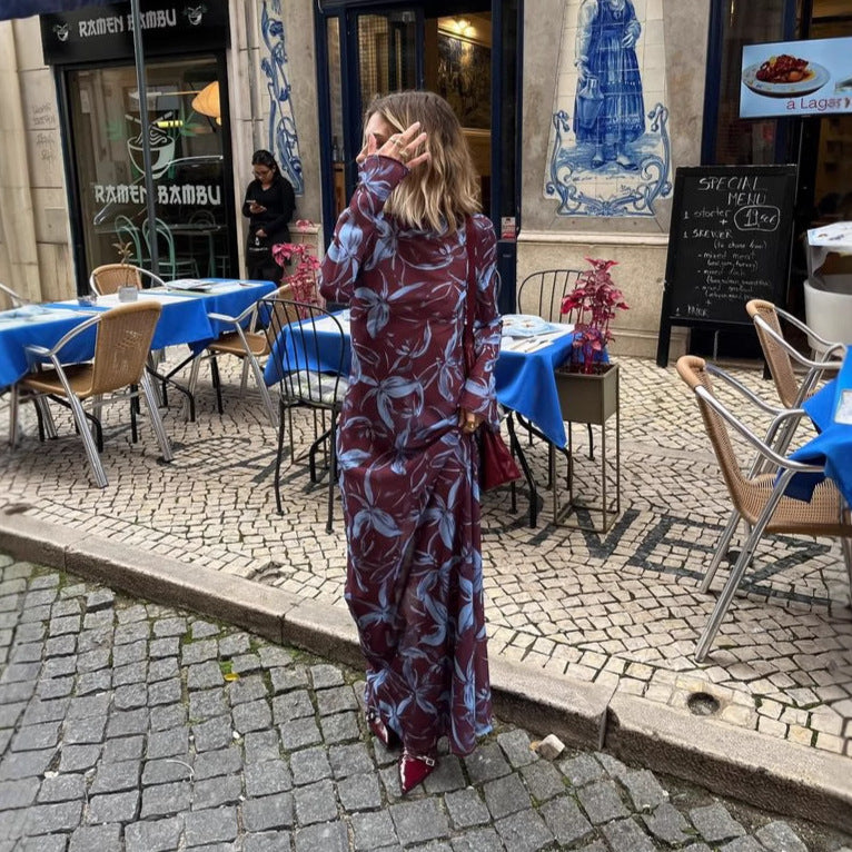 New women's fashion slim holiday dress women's French long-sleeved chiffon print dress