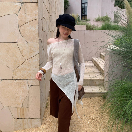 Autumn French pure desire wind hollowed-out slanted shoulder long-sleeved asymmetrical knitted sweater
