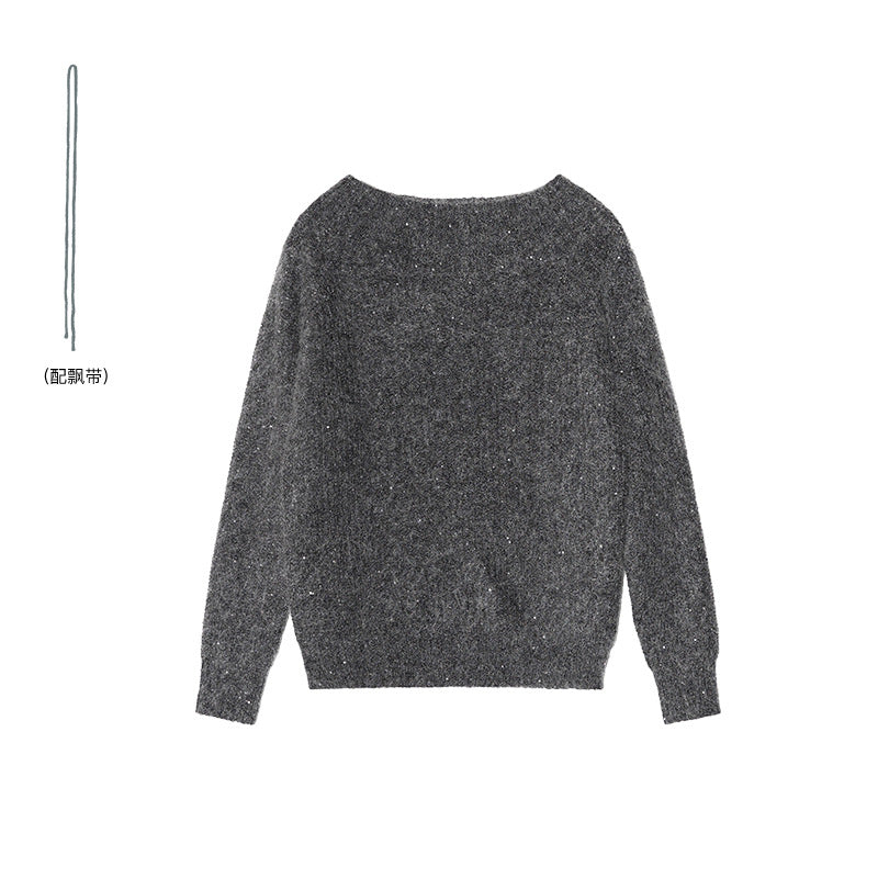 Temperament loose slanted shoulder backless sexy lace-up sweater