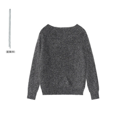 Temperament loose slanted shoulder backless sexy lace-up sweater