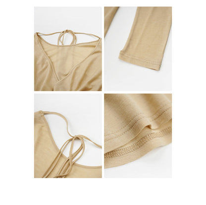 Early spring pure lust wind lace-up swinging neck halter sexy long-sleeved wool sweater