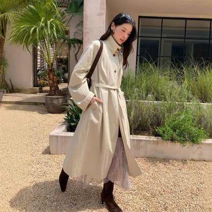 Women's Stand Collar Belted Waist Loose Long Trench Coat