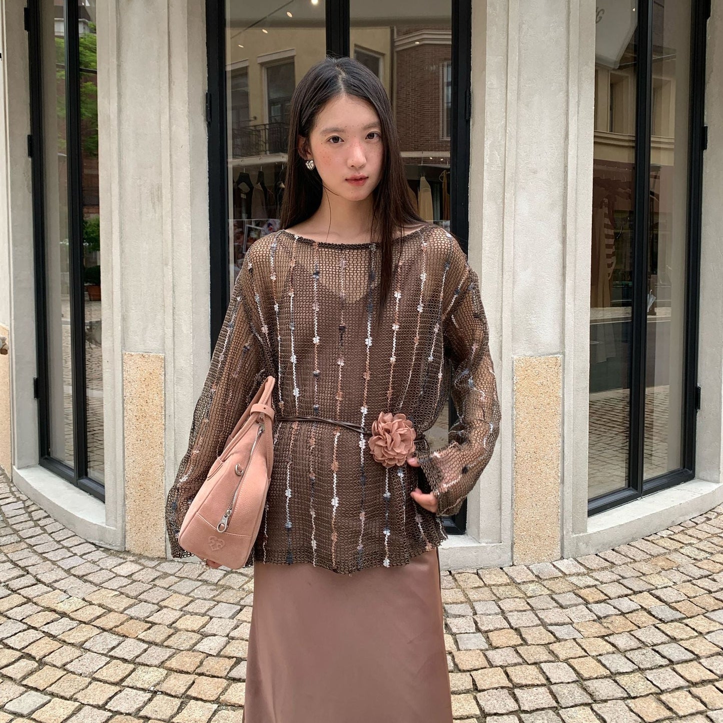 Perspective thin long-sleeved large round neck hollow-knit blouse top