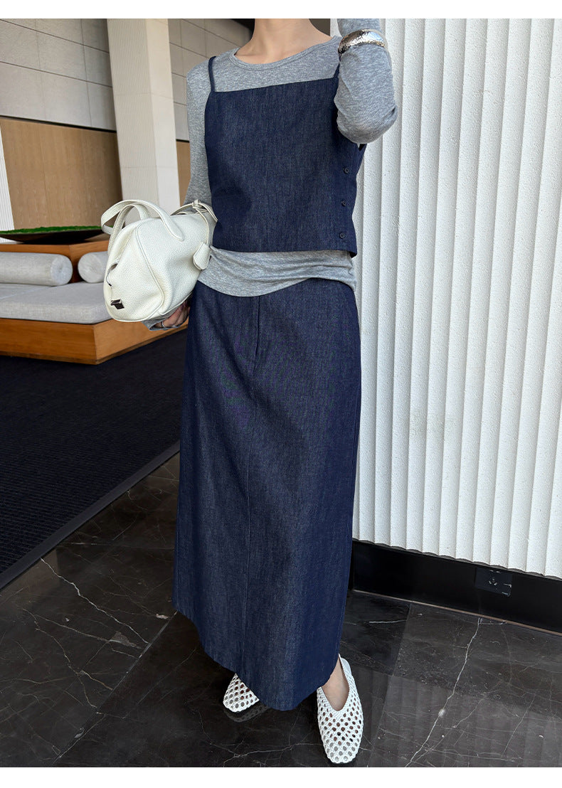 Tencel long T-shirt + suspender + denim skirt