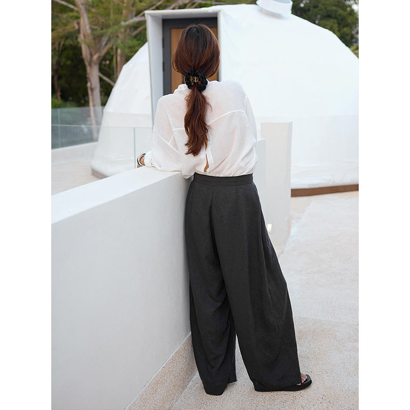 Slant placket strap lazy loose wide-leg tencel linen slacks