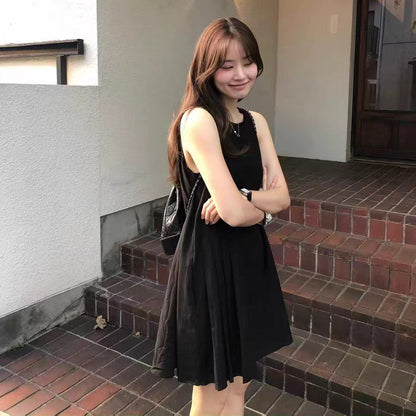 Sleeveless Dress Women Round Neck High Waist Solid Color Sundress