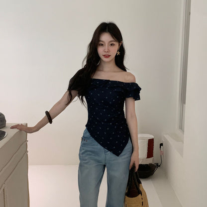 Spice girl shoulder sexy waist thin denim shirt