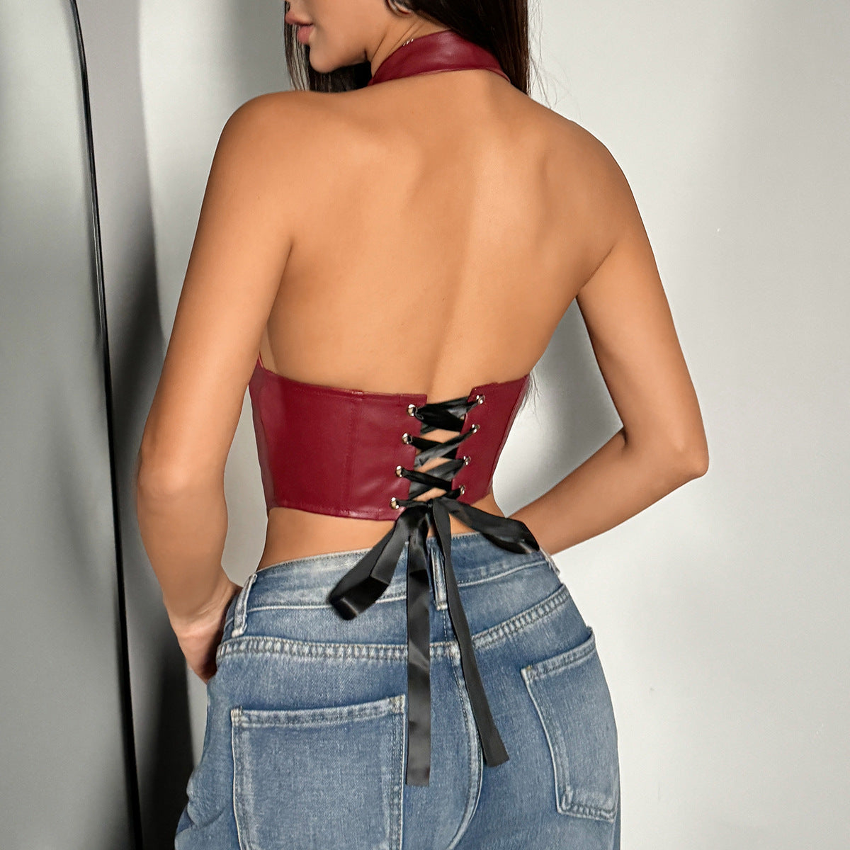 PU Leather Halter Crop Top