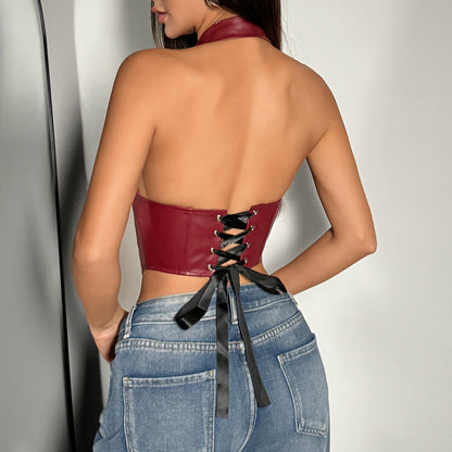 PU Leather Halter Crop Top