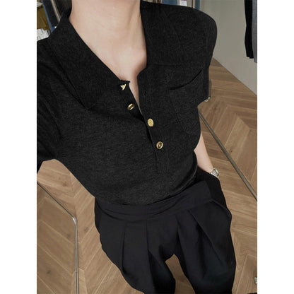 Polo Collar Short Sleeve T-Shirt Women Slim Fit Knitted Ice Silk Top