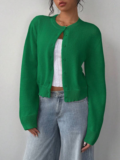 Autumn and winter round neck threaded long-sleeved button women's cardigan jacket sweater soft waxy short loose and thin