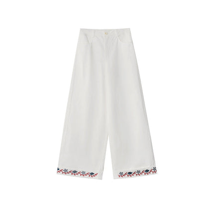 Straight trousers high waist embroidered hemmed slacks