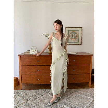 Ruffle Trim U-Neck High Waist Split Maxi Dress