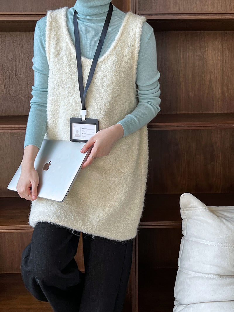 Korean atmosphere U-neck loose and thin stacked wool loop wool knitted vest dress