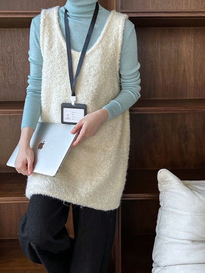 Korean atmosphere U-neck loose and thin stacked wool loop wool knitted vest dress