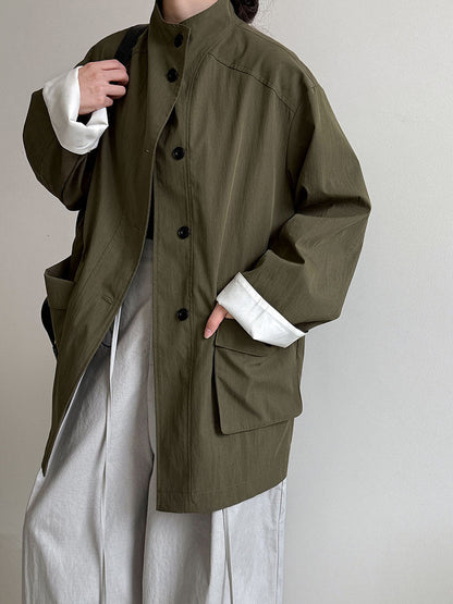 Korean medium and long stand-up collar loose drawstring trench coat women's autumn new big pocket design coat