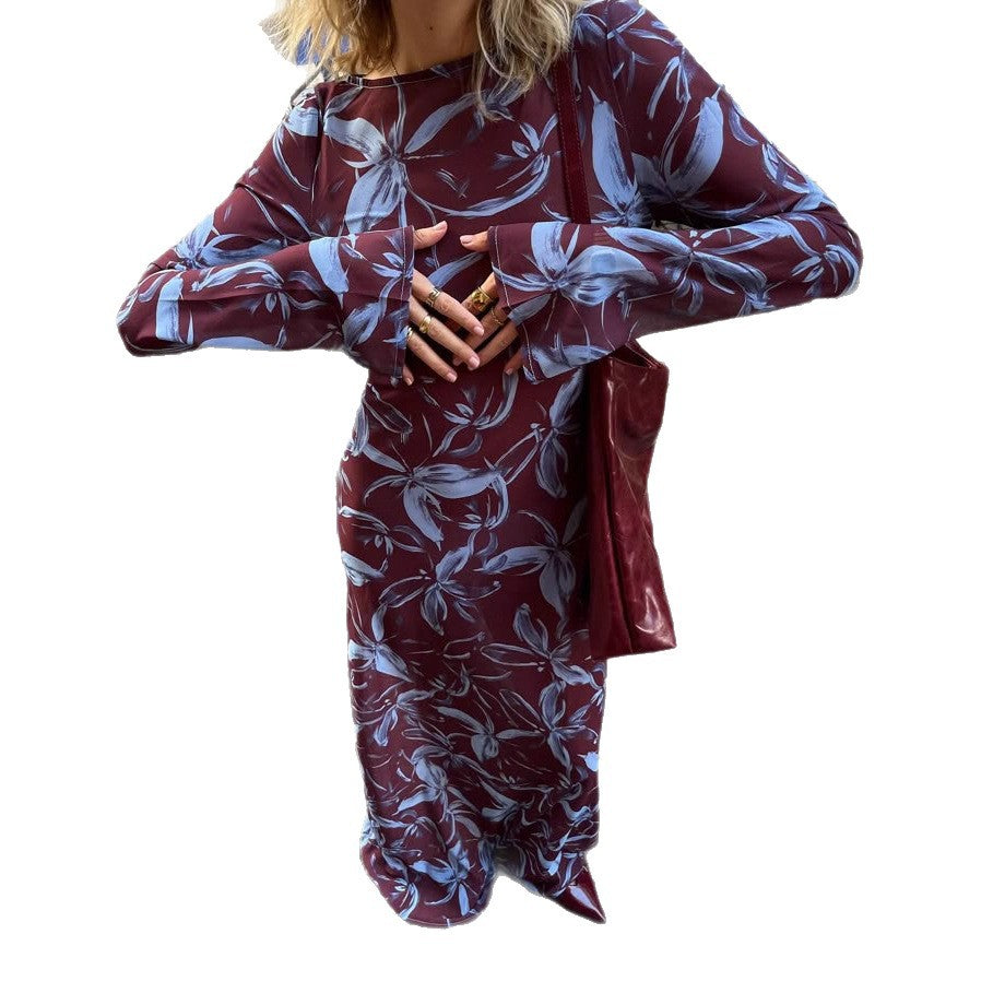 New women's fashion slim holiday dress women's French long-sleeved chiffon print dress