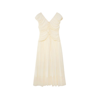 V-neck temperament waist pleated dress