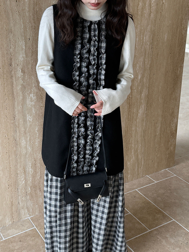 Japanese plaid fungus edge fishtail dress autumn and winter temperament petal woolen vest skirt