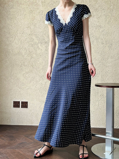 French lace splicing dress summer V-neck temperament polka dot waist slim skirt