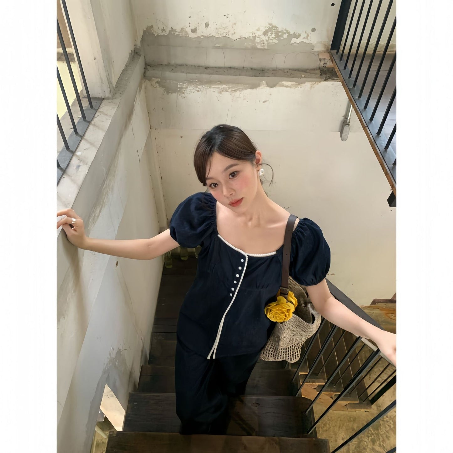 Contrast Denim Square Neck Top