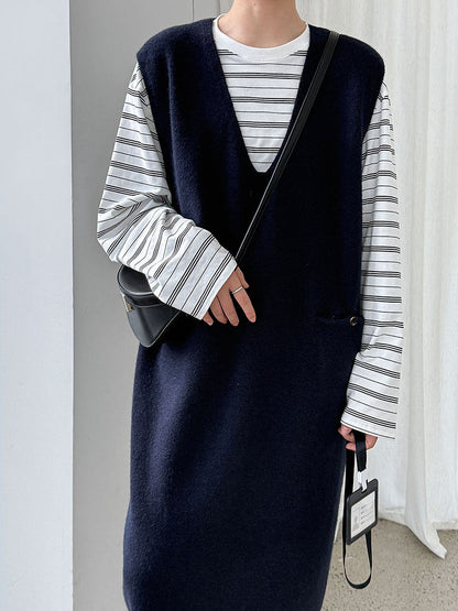 Korean design back button lazy knitted vest skirt women's autumn medium and long sweater skirt