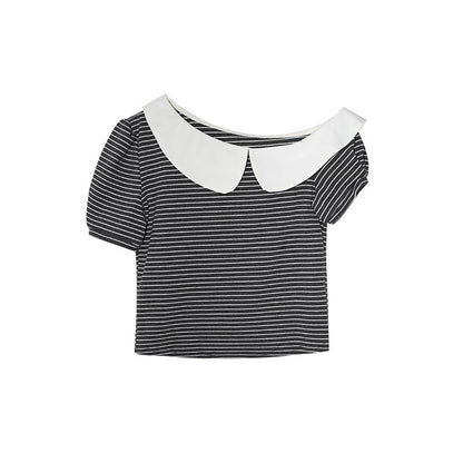 Striped Off-Shoulder Diagonal Neck Tee
