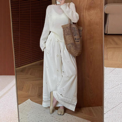 Simple daily sense hollow lace splicing loose fluttering casual sports wide-leg pants