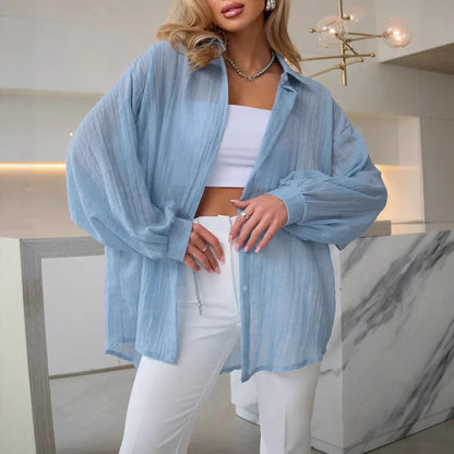 Lapel Long Sleeve Shirt Women Loose Fit Button-Front Blouse