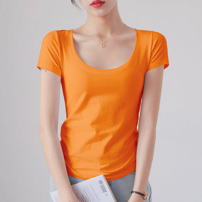 Round Neck Short Sleeve T-Shirt Women Slim Fit Cotton Base Layer Top